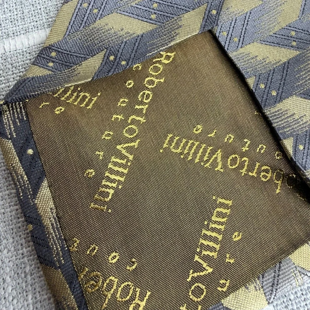 Roberto Villini Couture‎ 100% Silk Tie Gold Gray/Silver Geometric Print